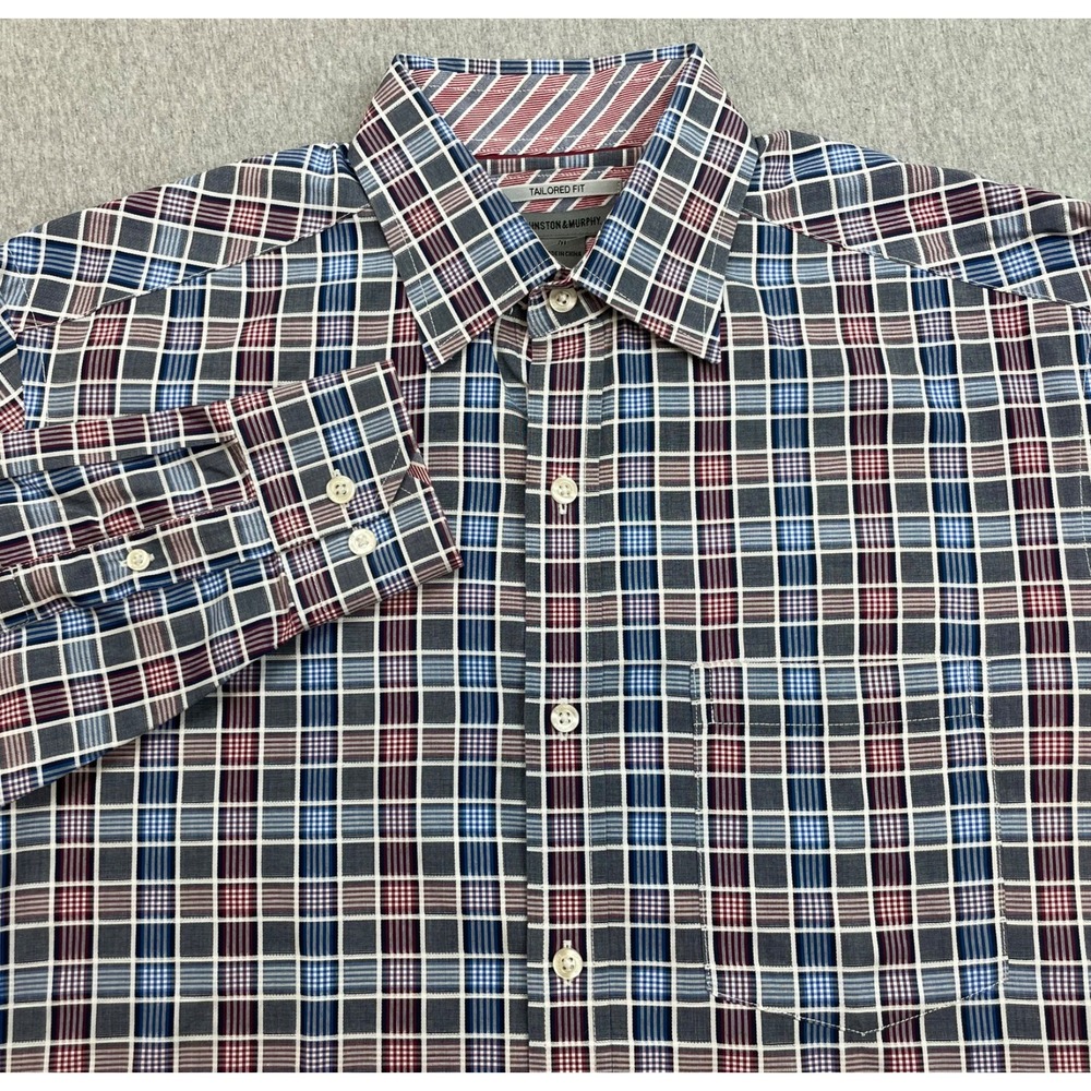 Johnston & Murphy Shirt Mens Medium Plaid 100% Cotton Tailored Fit Button-Up